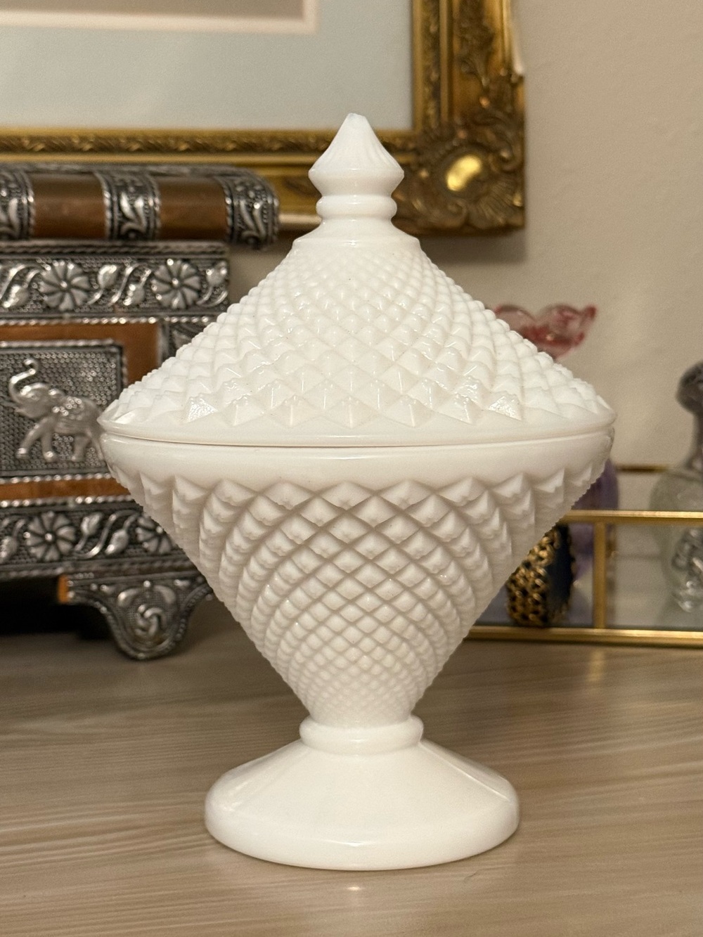 Gorgeous Vintage White Milk Glass Covered Candy Dish